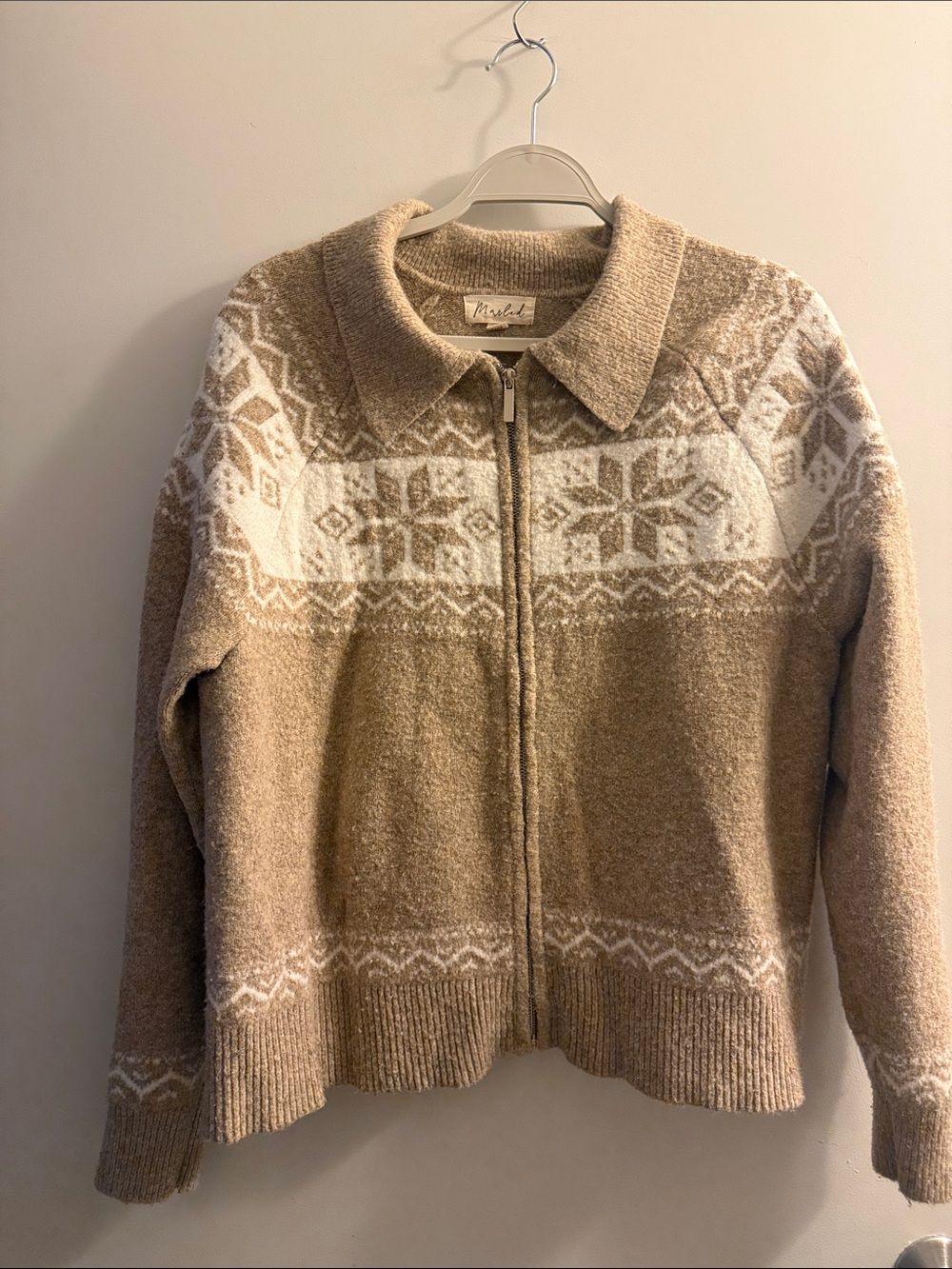Marled Tan and White Fair Isle Zip Cardigan